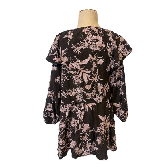 Free People Floral Mini Dress XS Black Pink Boho Peasant Tunic Long Sleeve - Picture 6 of 12